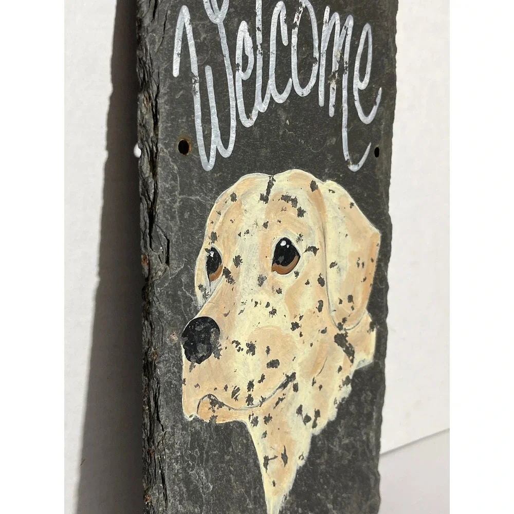 Hand Painted Slate Welcome Sign Yellow Labrador Retriever Dog Rustic Stone Decor